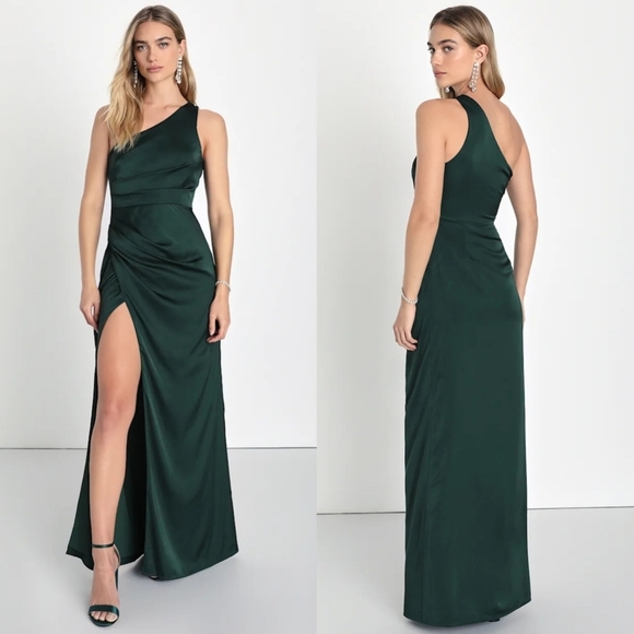 Lulus Dresses & Skirts - Lulus Dreaming of Elegance Emerald Satin One-Shoulder Maxi Dress S Wedding Party